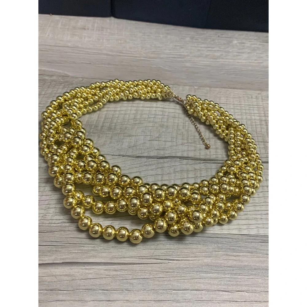 Vintage 90s Gold Tone Multi Strand Beaded Bib Necklace Chunky Statement Collar
